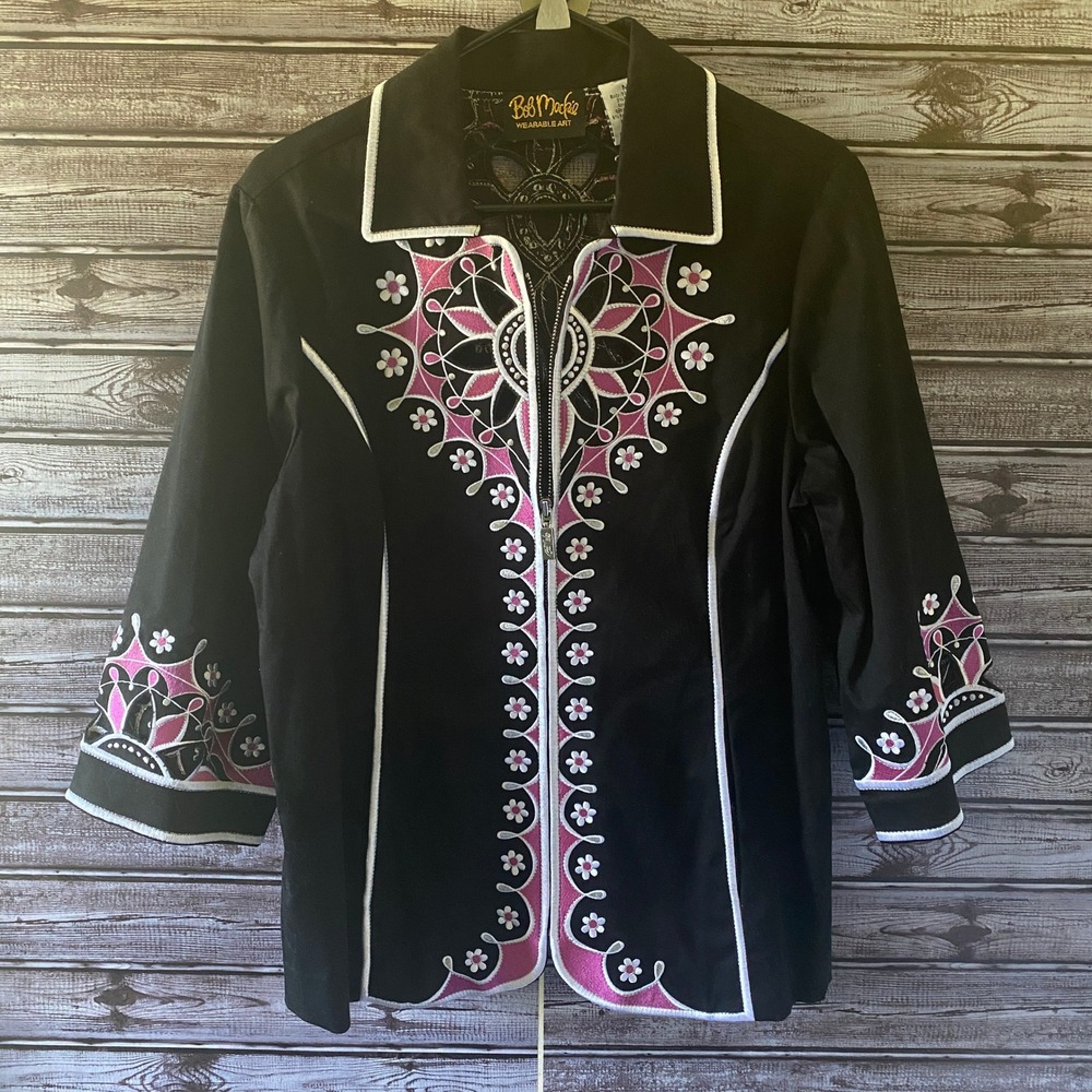 Bob Mackie Women's Full-Zip Jacket Size M Black Embroidered Pockets Cutout